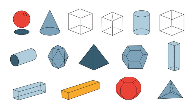 Variety of 3D geometric shapes including a red sphere cone cube cylinder and various polyhedrons arranged in a grid for educational purposes.