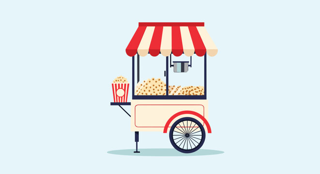 Traditional red and white striped popcorn cart with a large container filled with popcorn set against a light blue background for carnivals.