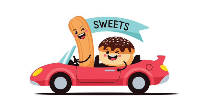 Cheerful churro and donut characters are having a great time driving a fast red sports car under a light blue sweets ribbon banner.