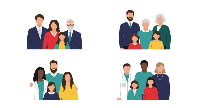 Four diverse groups representing different family types and professionals including doctors, grandparents, and multicultural households.