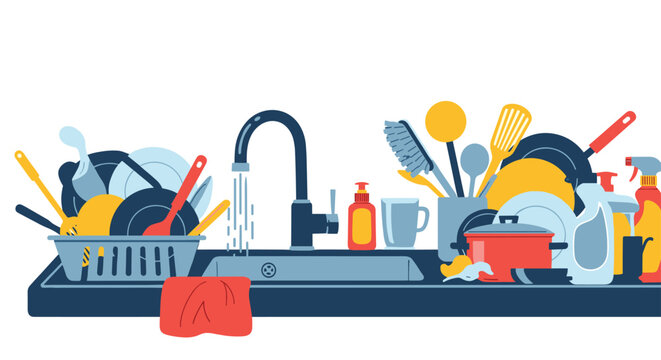 Cluttered kitchen counter area filled with dirty dishes, pots, pans, utensils, and various cleaning supplies waiting to be washed.