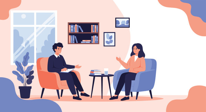 Mental health therapy session with a male counselor taking notes while listening to a female client in a comfortable, modern office.