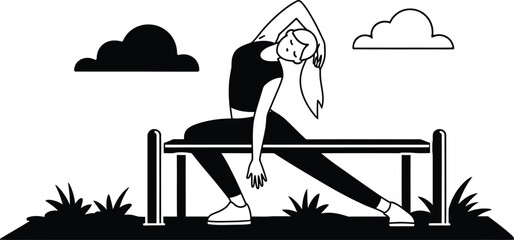 WebBlack and white illustration of a person sitting in a tent with camping gear  © MdKhadamul