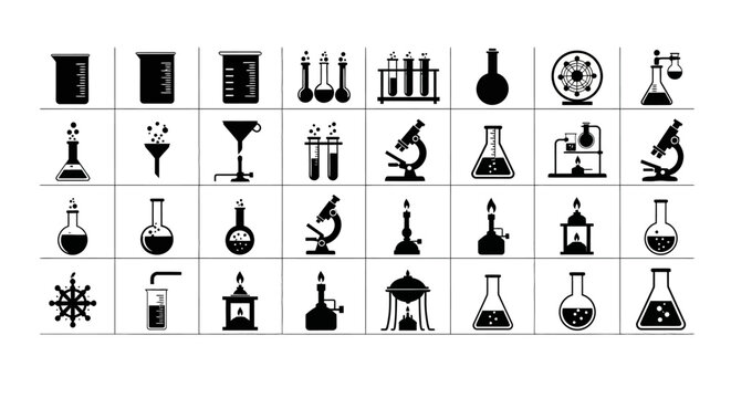 Collection of black and white science and laboratory icons representing research experimentation chemistry and scientific discovery on a grid background
