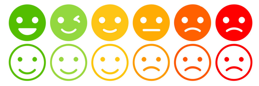 Twelve colorful round icons representing various human emotions ranging from very happy to extremely sad arranged in two rows for customer satisfaction surveys and feedback analysis