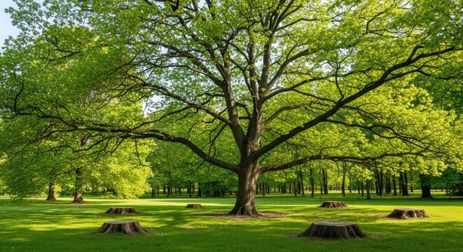 Lush green park with mature tree and tree stumps on grassy lawn