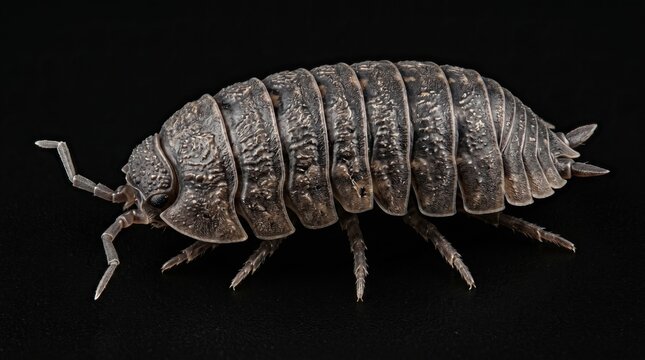 Detailed macro view of woodlouse isolated on clean background, showcasing segmented body and natural insect texture for biology and wildlife concepts.