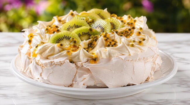 Fresh Pavlova Cake with Kiwi and Passion Fruit on White Plate