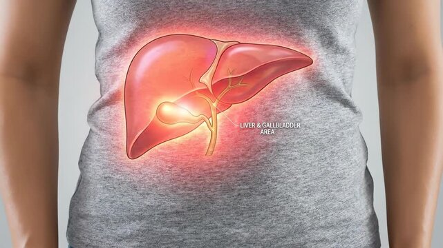Human body, central midsection, glowing vital liver and gallbladder highlighting pain, digestive system distress, medical diagnosis, hepatic disease awareness, internal organ discomfort,