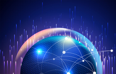 Modern digital globe illustration connected with futuristic network nodes and glowing lines representing global data exchange © FamousDesignMarket