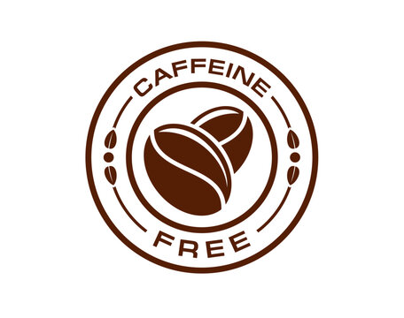 Caffeine free icon, round brown badge. Warm and natural symbol featuring coffee beans, surrounded by circular frame with text Caffeine Free and leaf motif. Vector emblem of coffee drink and cafe