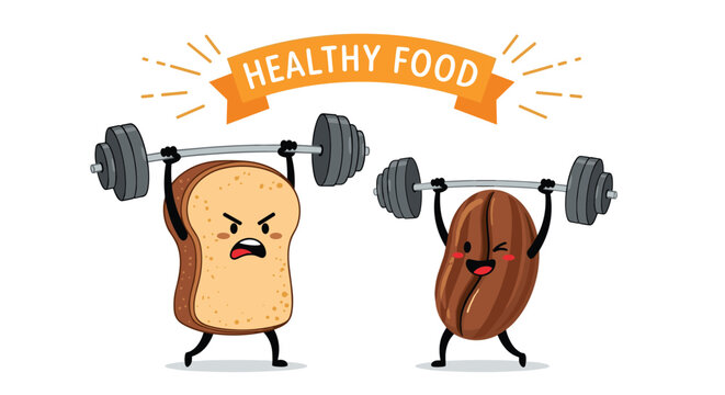 Active bread and coffee bean characters lifting heavy barbells in a gym workout under a healthy food banner.
