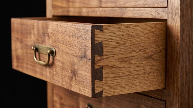 Closeup of handcrafted wooden drawer with detailed joinery and brass handle, perfect for furniture and carpentry concepts.