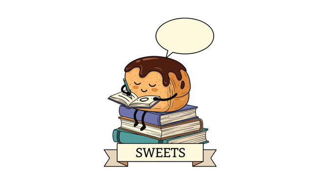 Charming cartoon bun character sitting atop a stack of books while writing in a notebook with a blank speech bubble above.