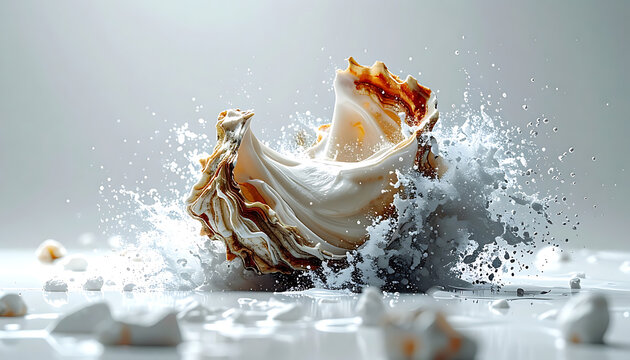 A dynamic oyster shell exploding with a splash of white liquid and droplets, against a clean, bright background, evoking a sense