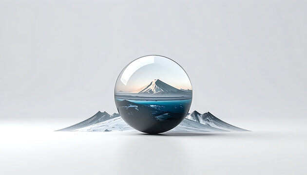 A glass sphere contains a miniature landscape with mountains and water, set against a clean, minimalist background, symbolizing reflection and environment