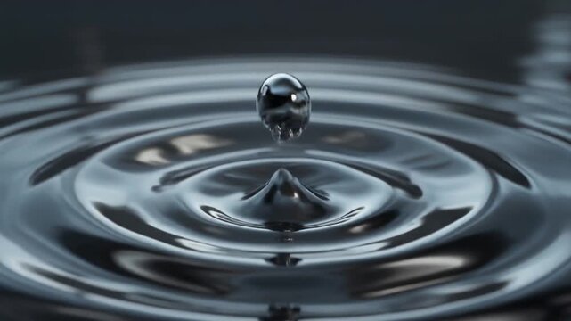 A single water droplet creates concentric ripples on a calm water surface.