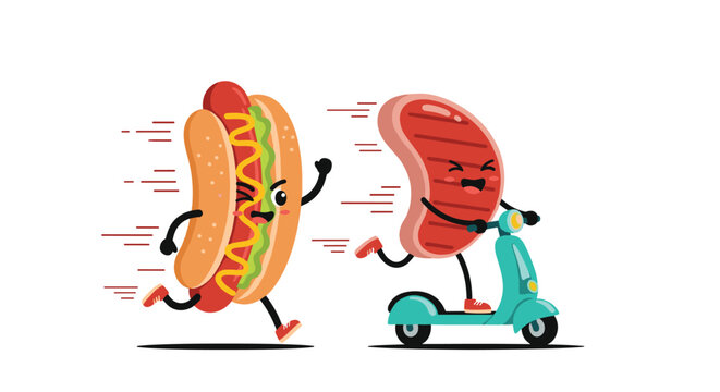 Fun cartoon characters of a fast hot dog running and a steak riding a blue scooter in a high speed race competition.