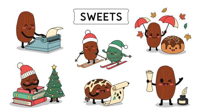 Set of cute cartoon date fruit characters engaged in various activities like skiing, reading, and working in a sweet theme.