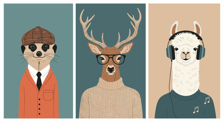 Fototapeta premium Collection of stylish animal portraits featuring a meerkat in a suit, a deer in a sweater, and a llama wearing headphones.