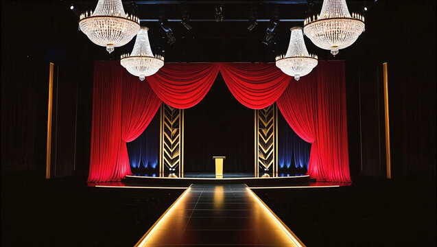 Awards Show Red Stage Glamorous awards-style stage with red drapery, glittering lights, and a runway