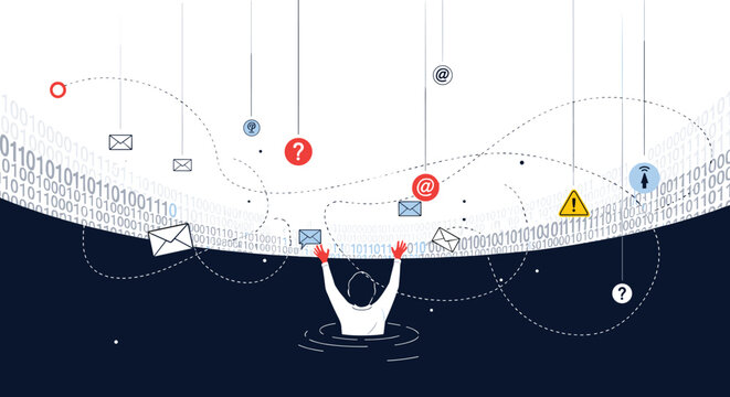 Illustration of a person overwhelmed by digital data and information overload while drowning in a binary sea.