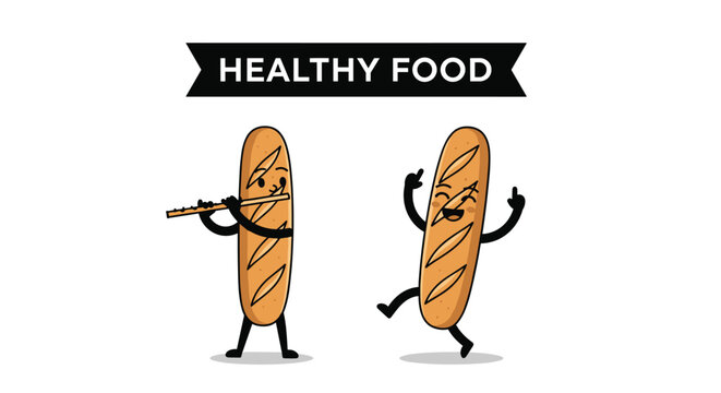 Happy musical baguette characters celebrating healthy food by playing the flute and dancing joyfully together.