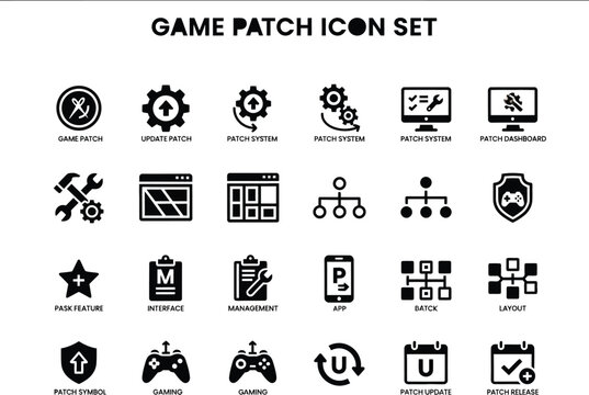 Collection of professional software development icons for game patch management and system updates and technical maintenance