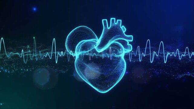 A glowing blue heart with an electrocardiogram line behind it on a dark background with 9 5 (4) reference.