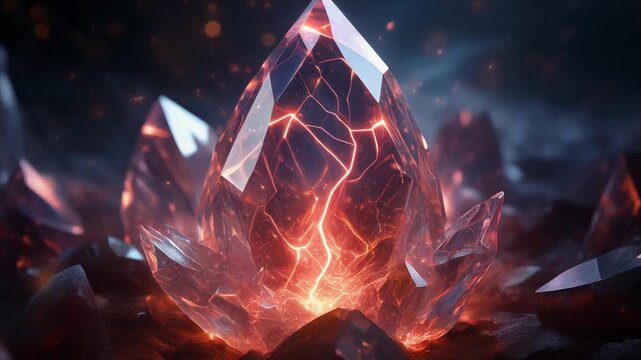 Glowing crystals emit fiery red light in a dark mysterious landscape