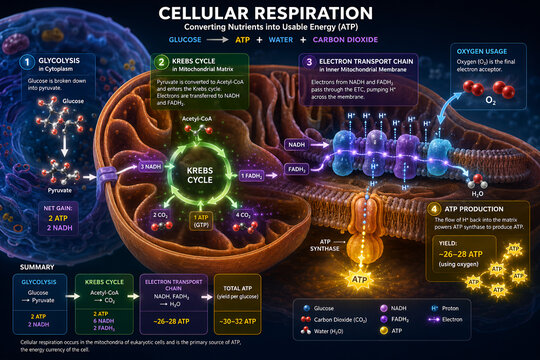 3D Cellular Respiration Infographic &ndash; ATP Energy Production in Cells