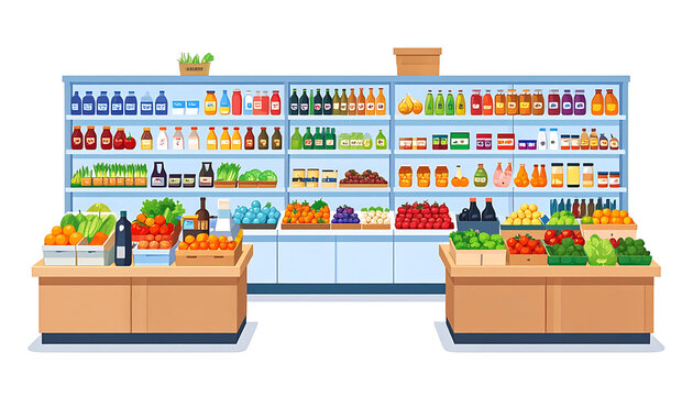 A well-stocked grocery store aisle with fresh produce and shelves full of packaged goods, illustration for retail and shopping concepts