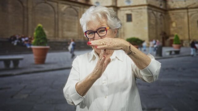 Elderly woman with glasses and red nails makes timeout gesture with hands in front of a stone building and busy plaza, wearing white blouse and bracelet; memory playful.