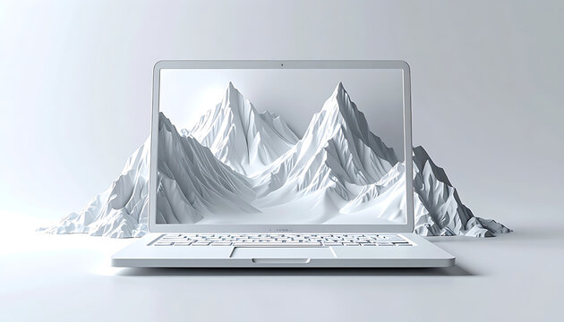 A white laptop displaying a pixelated snowy mountain range with digital peaks, representing technology merging with nature, ideal for digital art concepts, innovation, or environmental themes