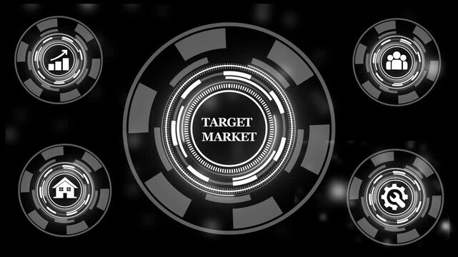 Digital target market hud interface featuring animated circular infographic with business growth, real estate, teamwork, and technical engineering for corporate data visualization projects