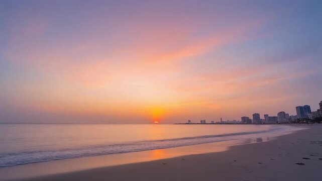 Sunset over calm ocean waves gently hitting the sandy beach shoreline with cityscape 9 5 (20) at twilight