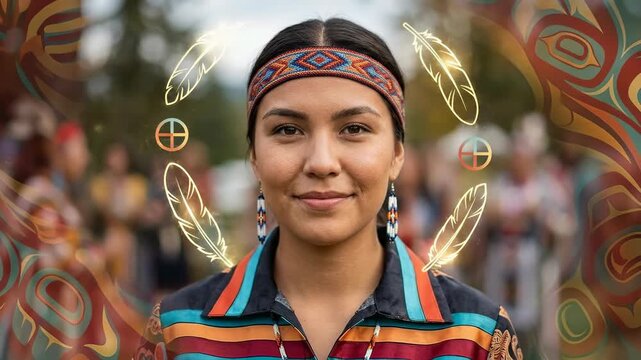 Young indigenous woman celebrating National Indigenous Peoples Day Canada June twenty one, adorned in colorful traditional tribal clothing, beaded headband, ethnic earrings, glowing cultural feathers.