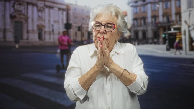 Elderly woman clasping hands near mouth on a street crosswalk by a building, white blouse and glasses; memory plea concern.