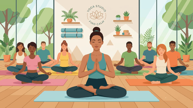 Diverse group of people practicing yoga and meditation in a peaceful studio.
