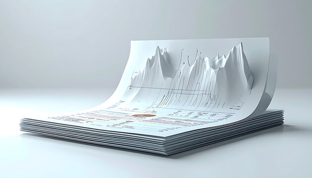 Abstract 3d data visualization with mountain landscape and scattered dots, representing information analysis, statistics, and research, clean modern aesthetic