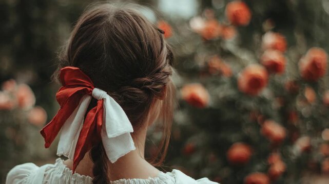 Back view of woman wearing white summer cotton vintage dress with braid hair and red white ribbon, romantic countryside fashion and nostalgic style concept.