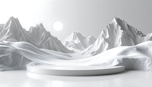 Circular display podium on a surreal snow-covered alien landscape with sharp mountain peaks and a bright sun, cold, futuristic, minimalist, 3d render
