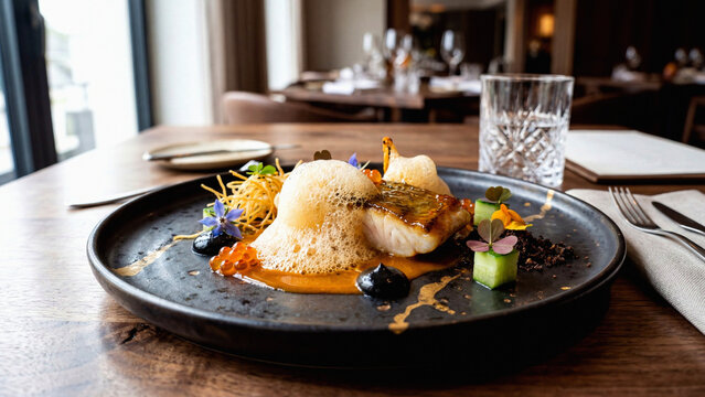 Artistic Culinary Presentation with Whipped Emulsion and Microgreens