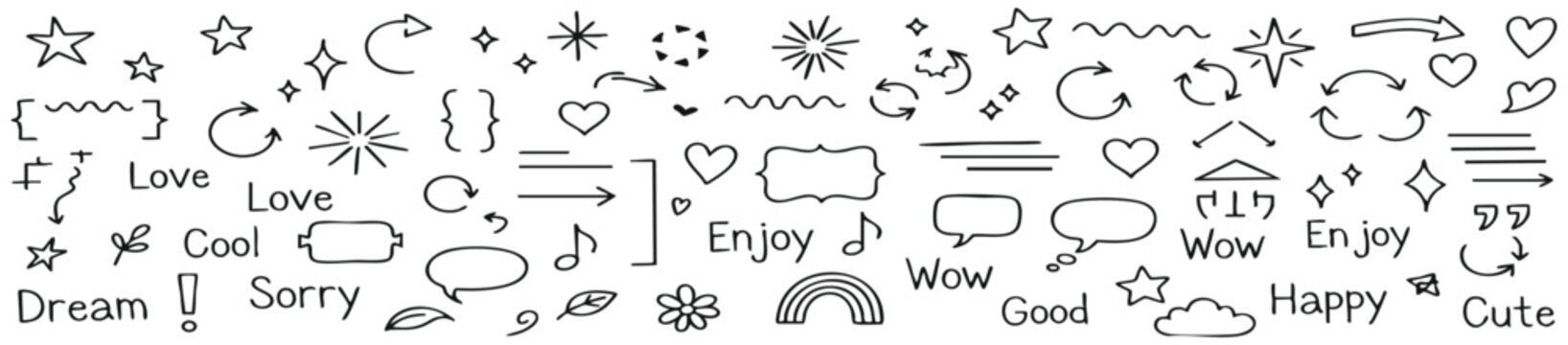 Collection of hand drawn doodle elements arrows stars hearts and text labels for bullet journal and scrapbook design