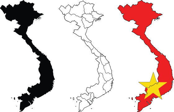 Vietnam map variations solid outline and flag representation