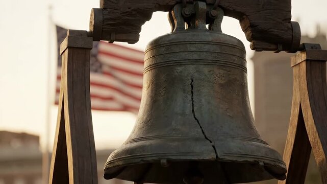 Majestic 4K Slow Motion of the Liberty Bell with an American Flag Waving in the Background during Golden Hour Sunset for Independence Day Celebration