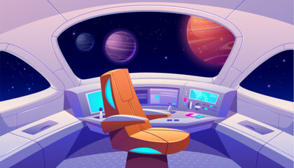Spaceship cockpit interior with futuristic control panels and glowing screens. Cartoon space station room with dashboard displays, navigation console and alien planet view through cabin window. © vectorpouch