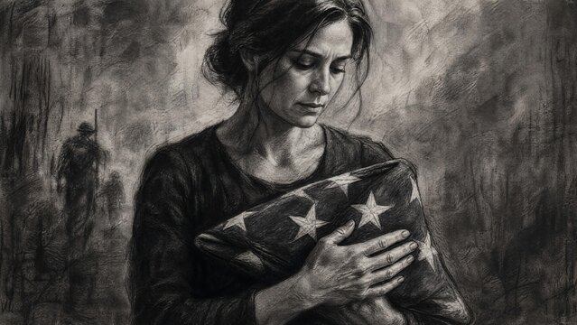 Grieving Woman Holding Folded American Flag Charcoal Sketch - Military Loss and Patriotism Concept Art