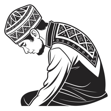 Muslim man praying kneeling down in traditional attire side view black and white