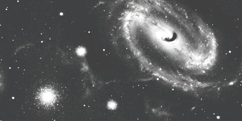 Black and white spiral galaxy with bright stars and deep space nebula in the vast dark universe © GraphixEra